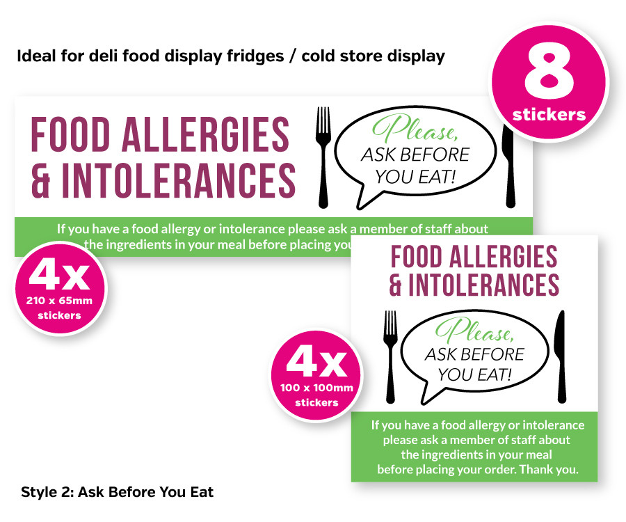 Ask before you Eat Allergy Awareness Sticker Pack contains 8 Self Adhesive Vinyl Stickers