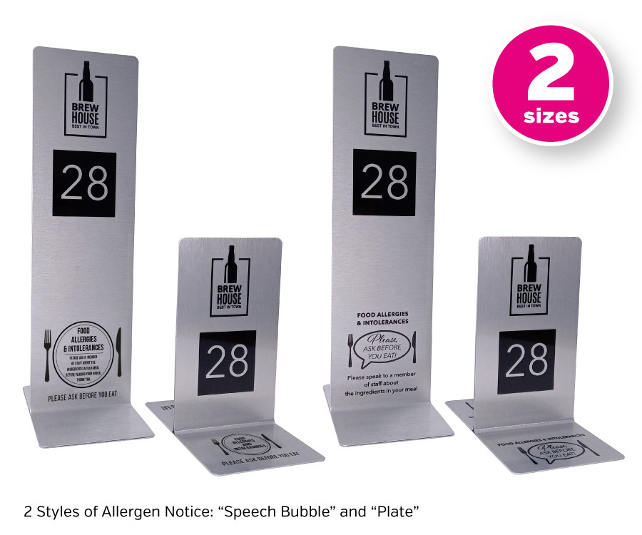 Branded Brushed Silver Allergy Awareness Table Numbers. Suitable for Pubs, Cafes and Restaurants
