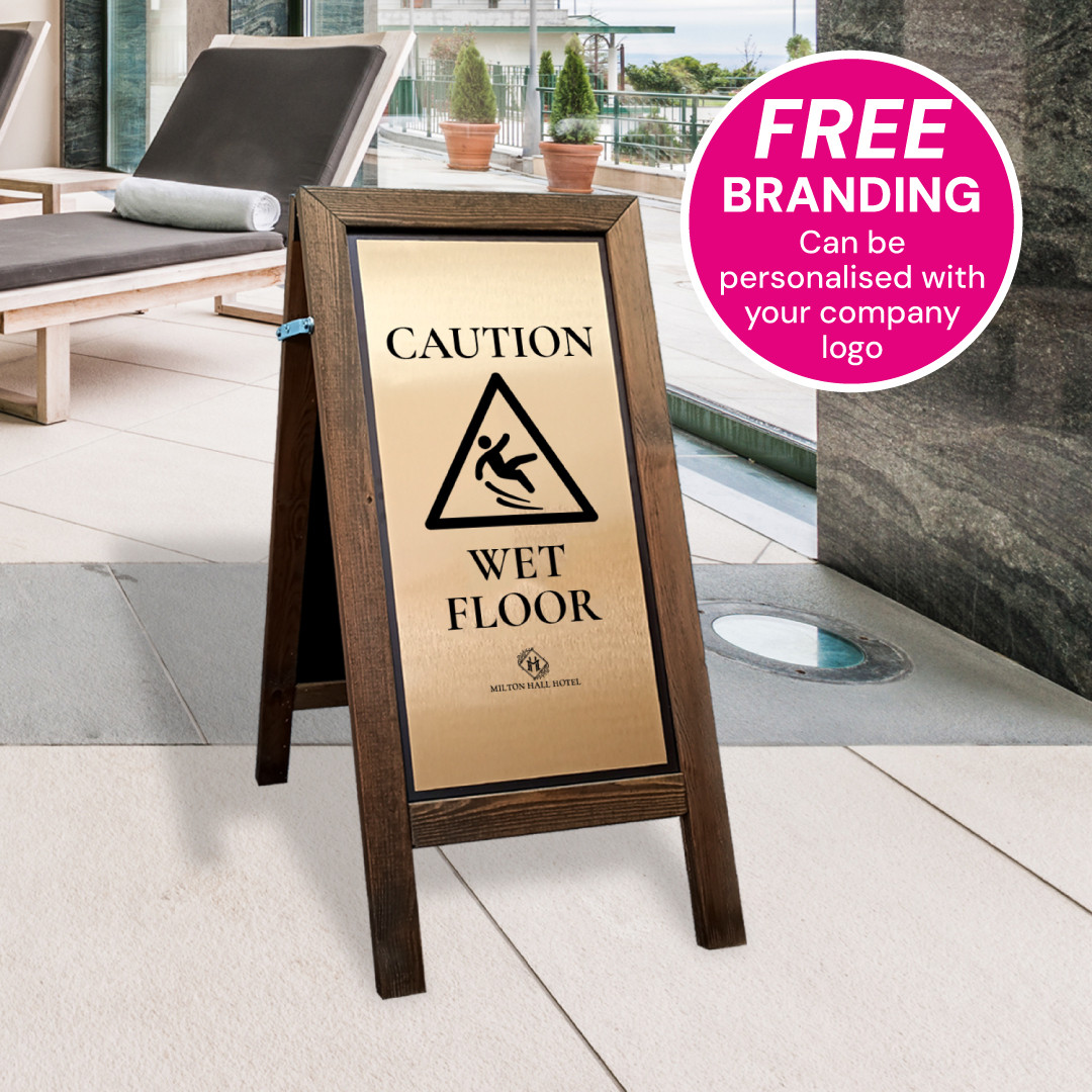 Premium Wooden Wet Floor Stand with Brushed Gold Aluminium Plate
