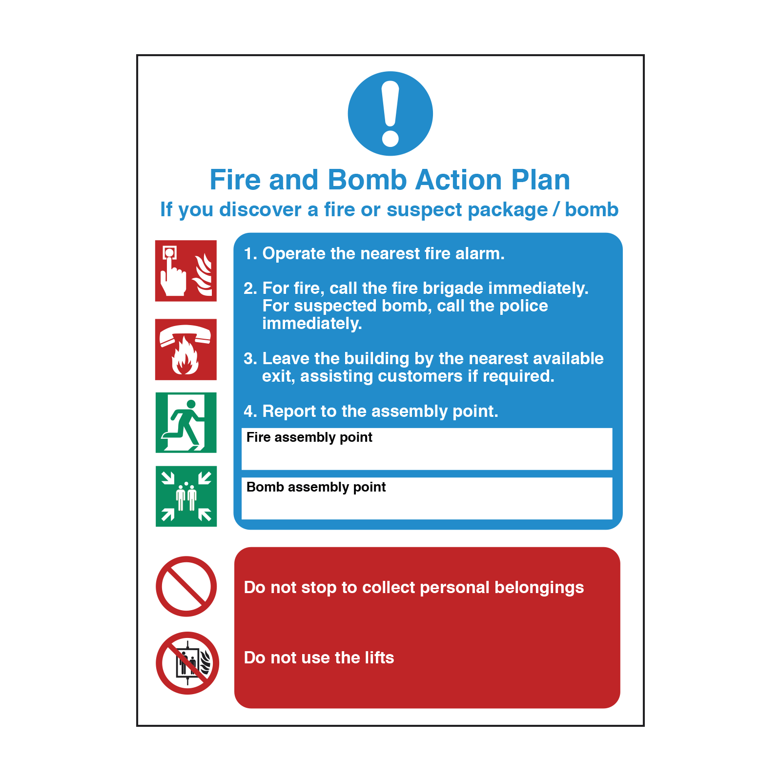 Fire and Bomb Action Safety Sign