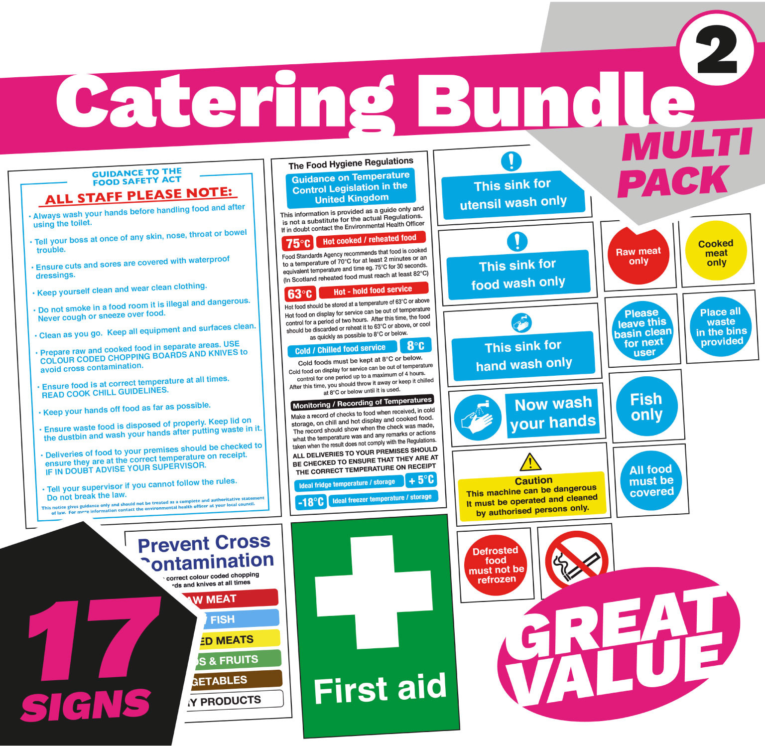KITCHEN CATERING HEALTH & SAFETY SIGN HYGIENE PACK 17 VINYL STICKERS NOTICES