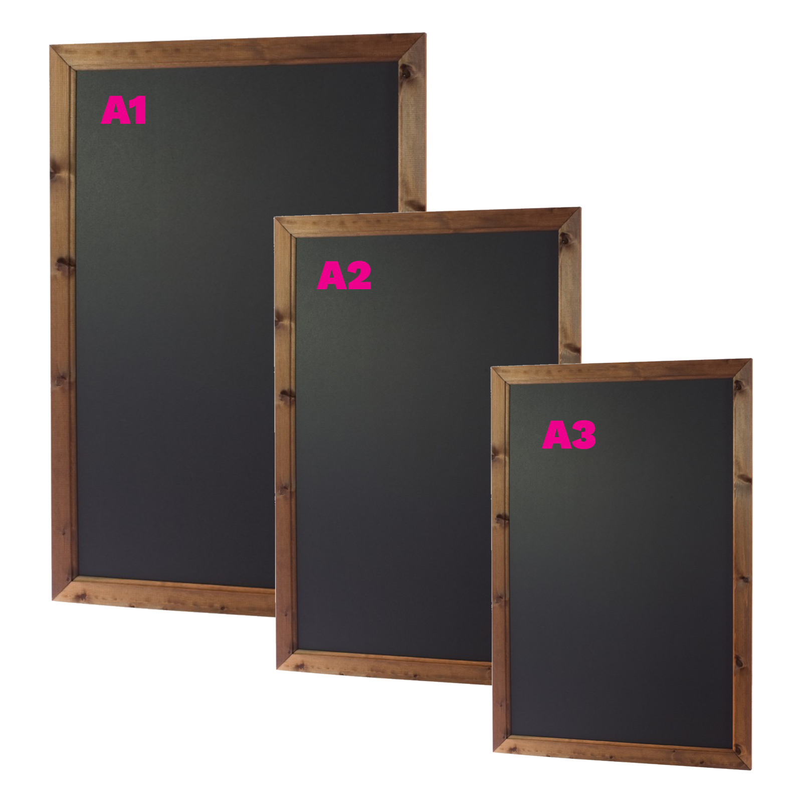 Dark Oak Wood Framed wallmounted Chalkboard. Available in A3 / A2 & A1 size. Interior & Exterior use