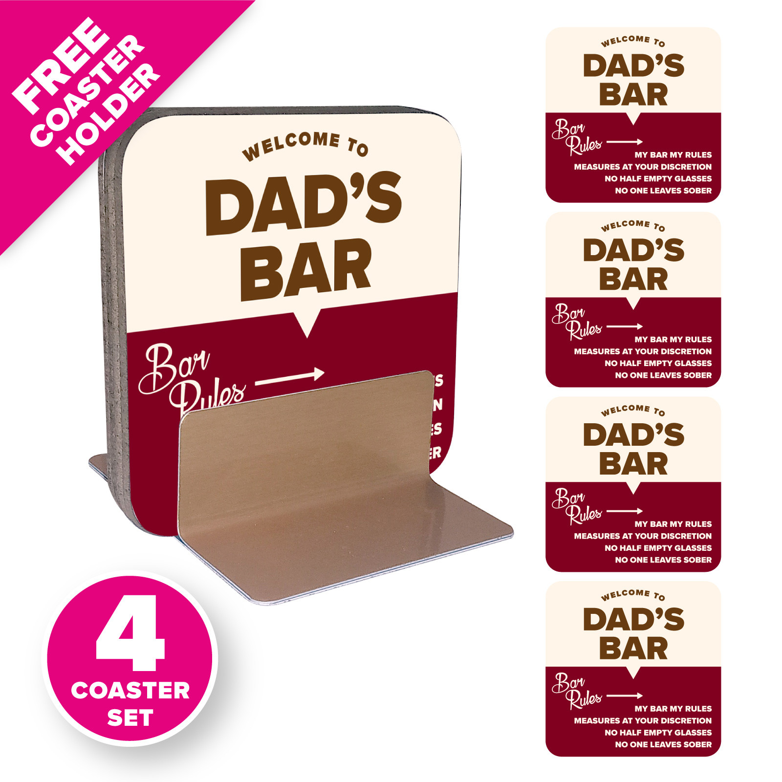 Personalised Coasters with Free Coaster Holder - Bar Rules - Style 2 - Burgundy & Brown 