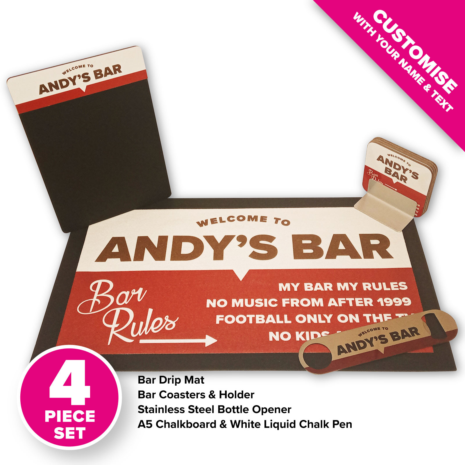 Personalised Home Bar Gift Set - Bar Rules - Style 2 - Rust & Brown 