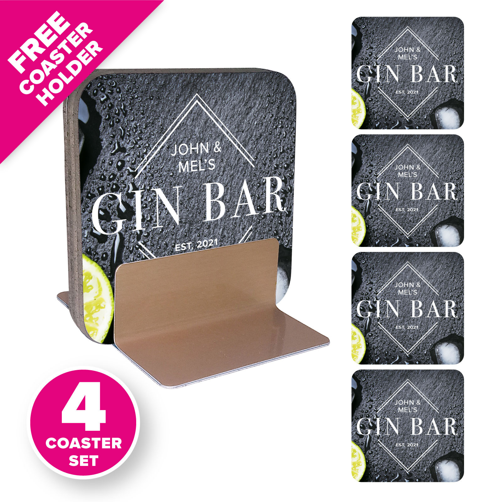 Personalised Coasters with Free Coaster Holder Gin Gift Set