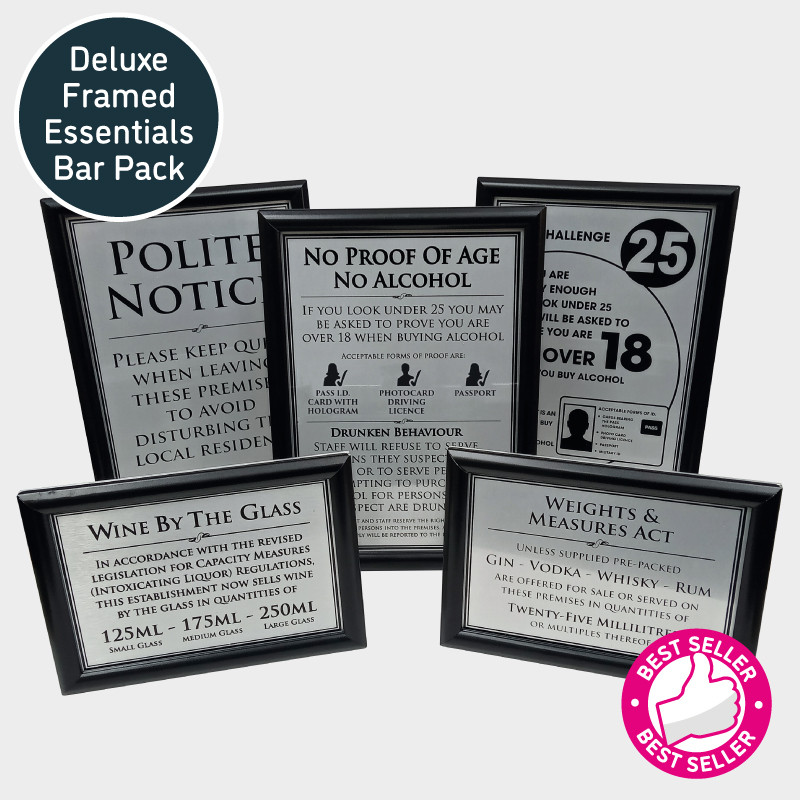 Framed Essential Bar Licensing Sign Pack - Silver