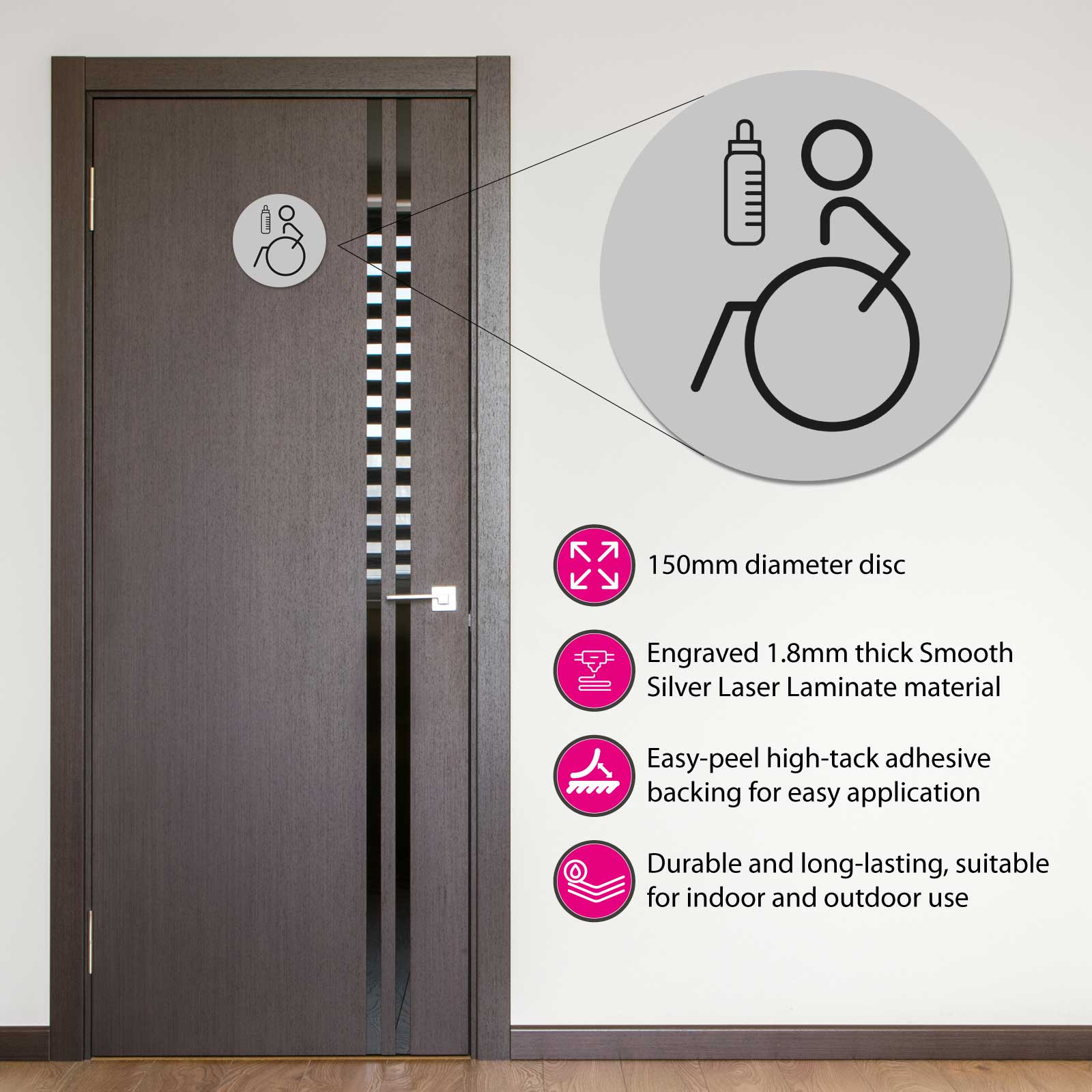 Disabled & Baby Change Toilet Door Symbol Left 150mm Silver