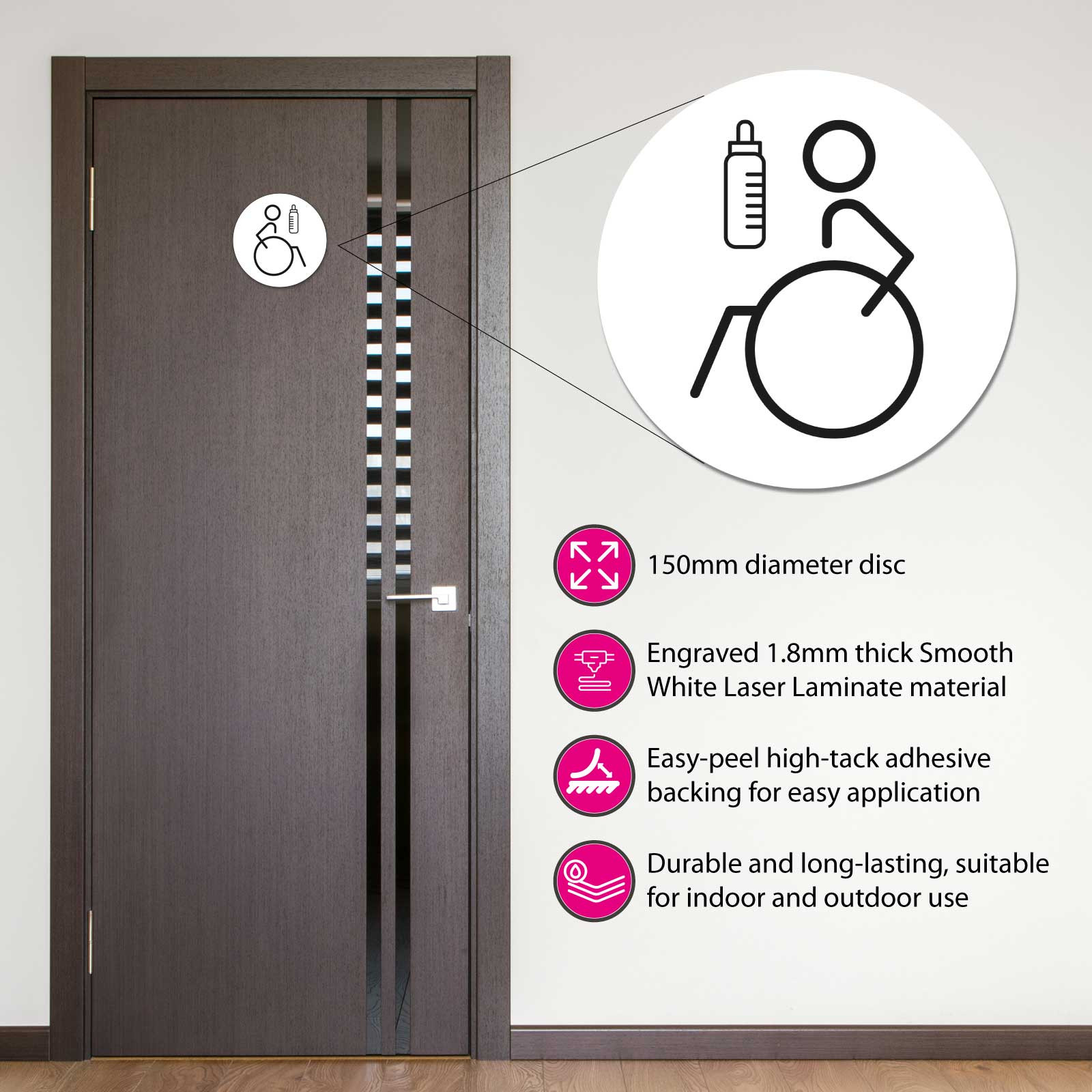 Disabled & Baby Change Toilet Door Symbol Left 150mm White  