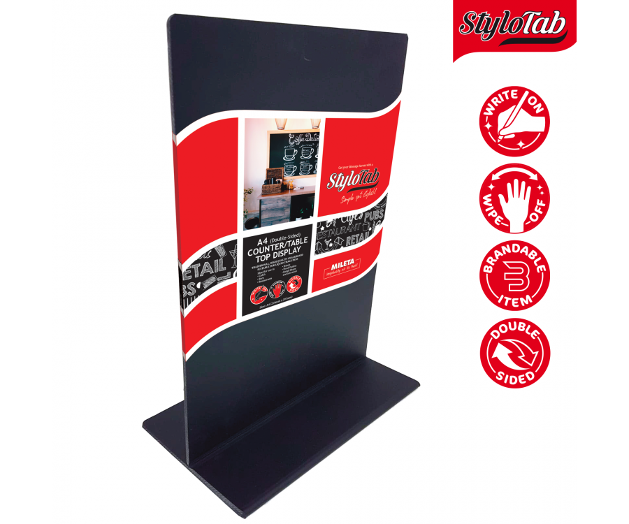 Double Sided Black Acrylic Freestanding Tabletop Blackboards. Available in A5 & A4 size