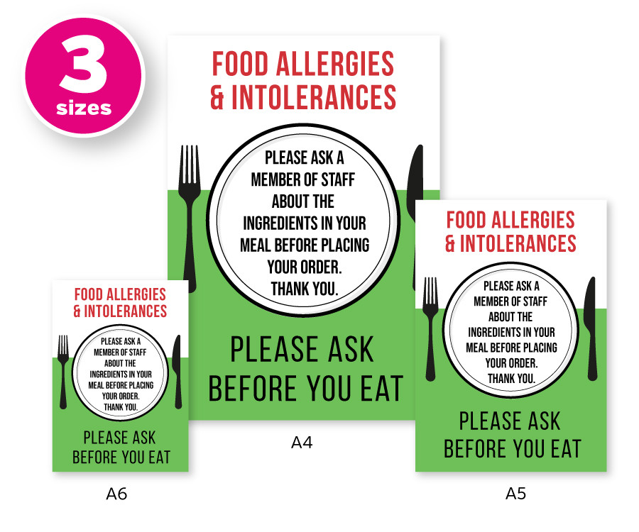 Food Allergies & Intolerance, Please Ask a Member of Staff about Ingredients Cafe & Pub Notice Comes with 2 options for displaying