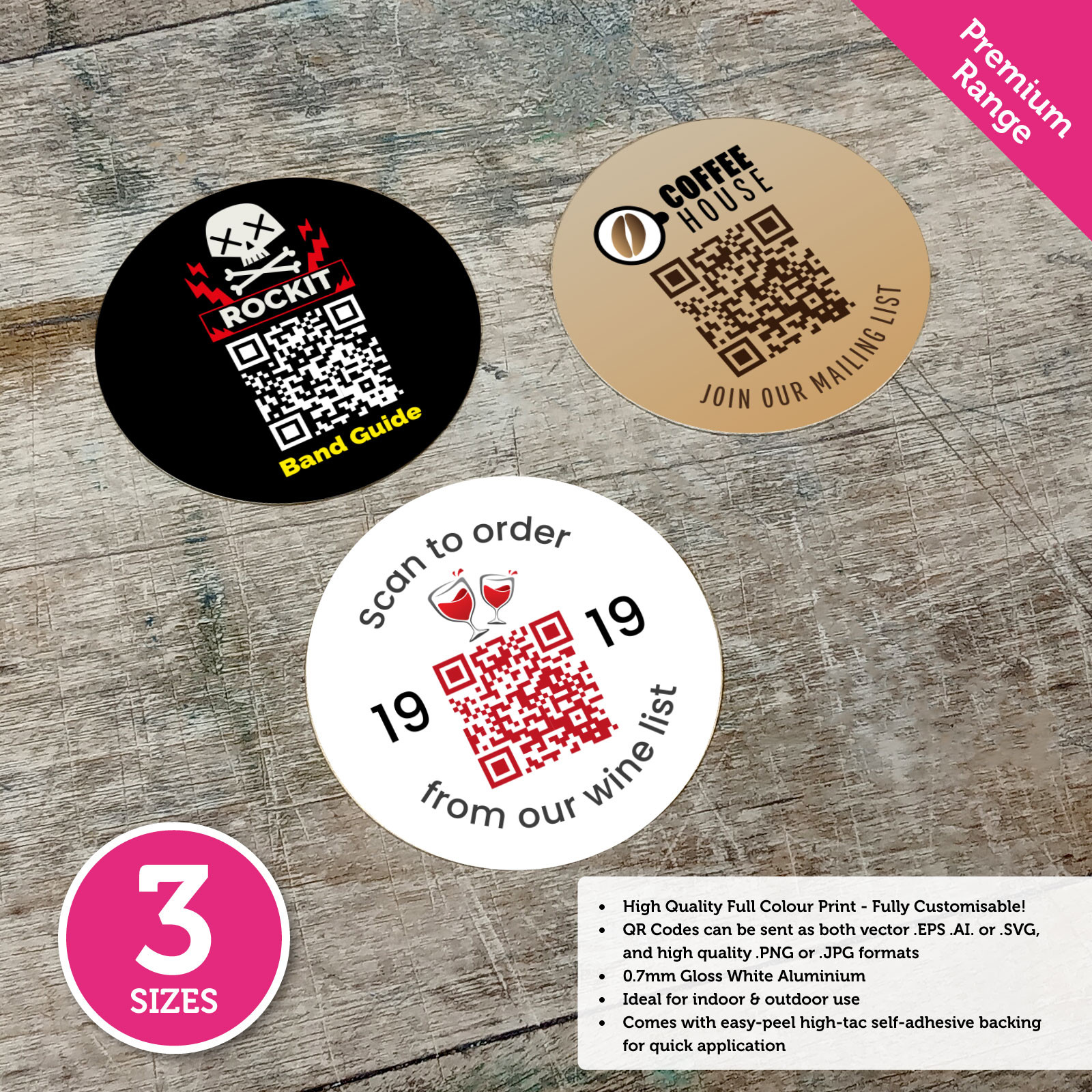 Premium Full Colour QR Code Table Number Discs - 3 Sizes Available