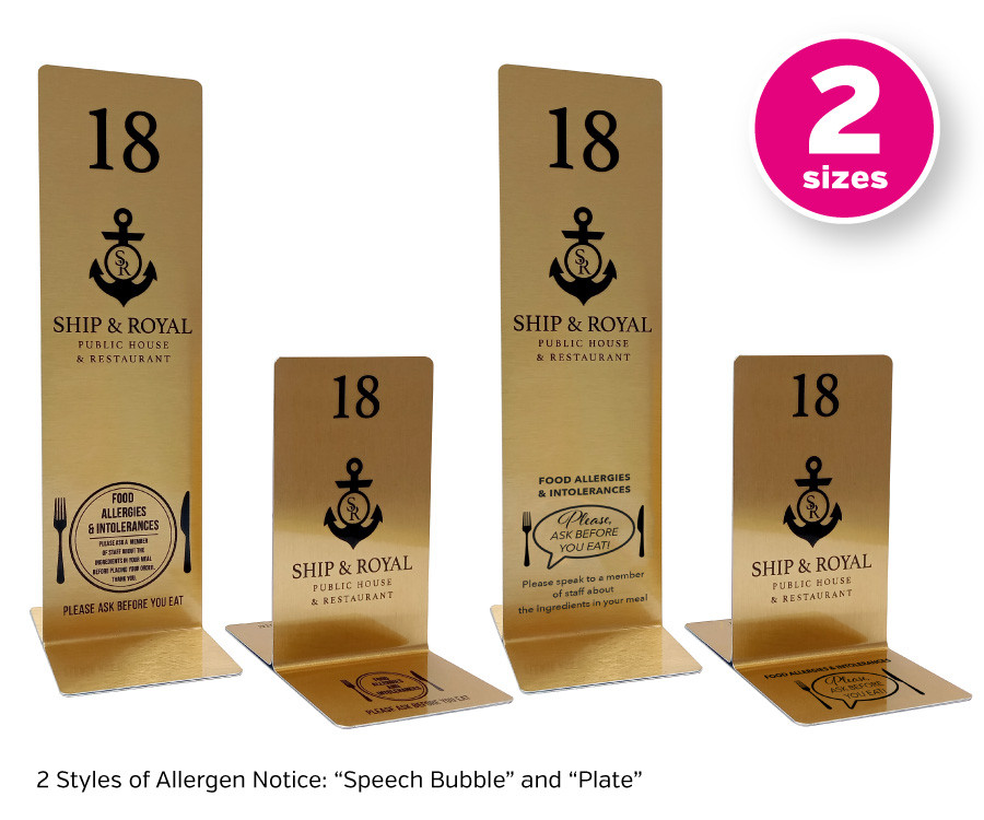 Branded Brushed Gold Allergy Awareness Table Numbers. 