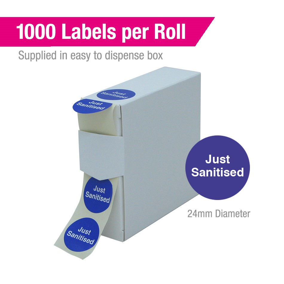 Just Sanitised Stickers - Roll of 1000 labels in dispenser box 