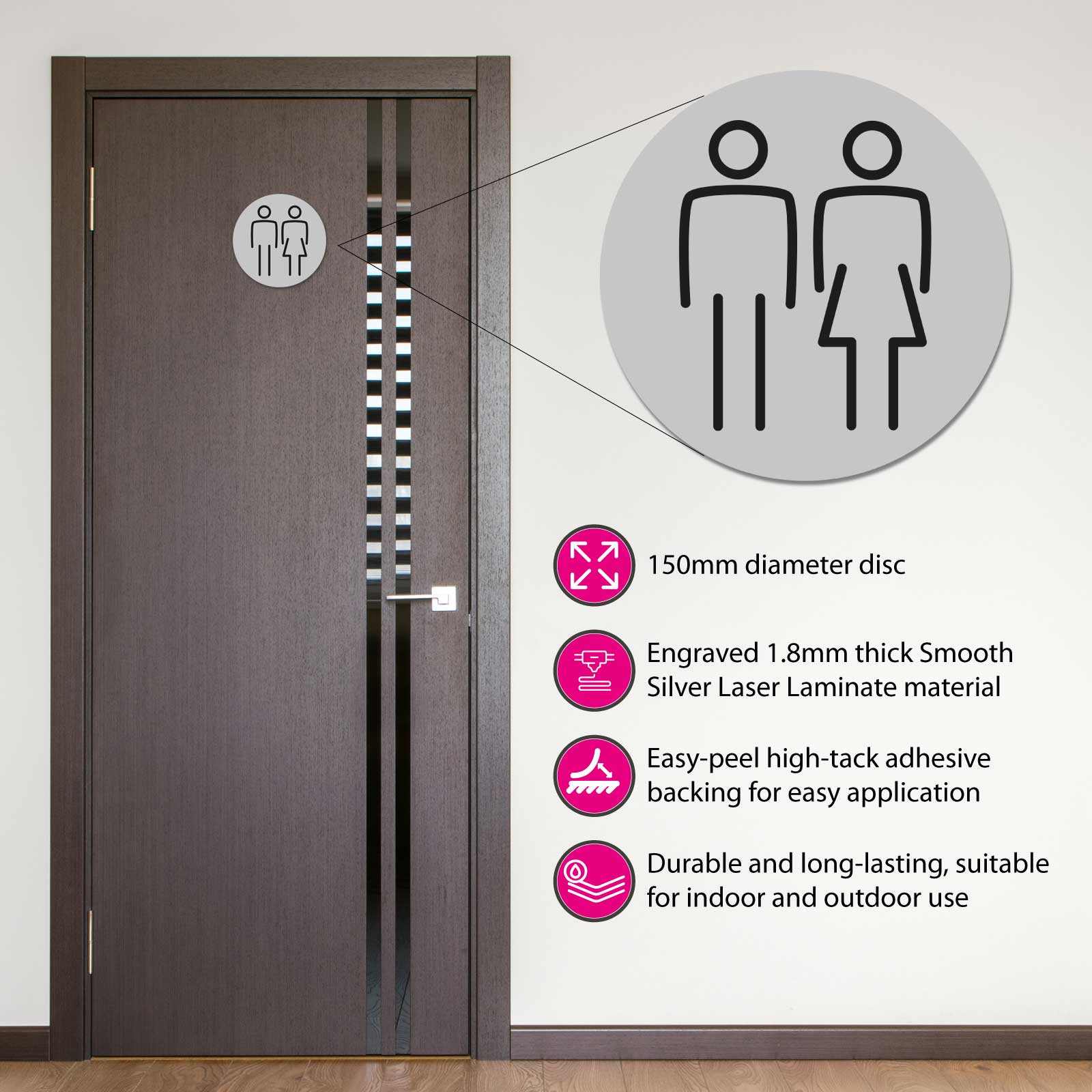 Ladies & Gents Toilet Door Symbol 150mm Silver