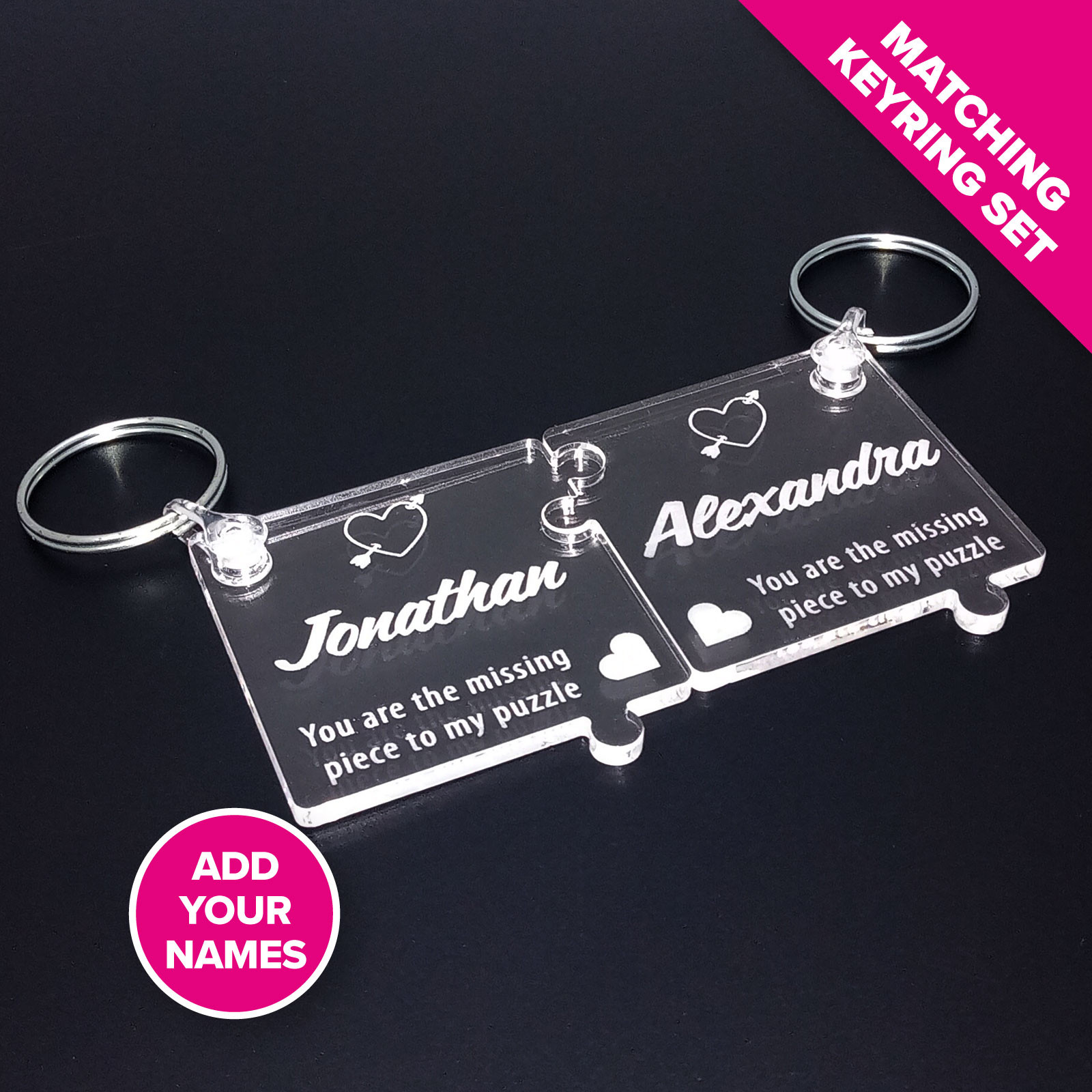 'Piece To My Puzzle' Personalised Engraved Keyring Set- Clear Acrylic