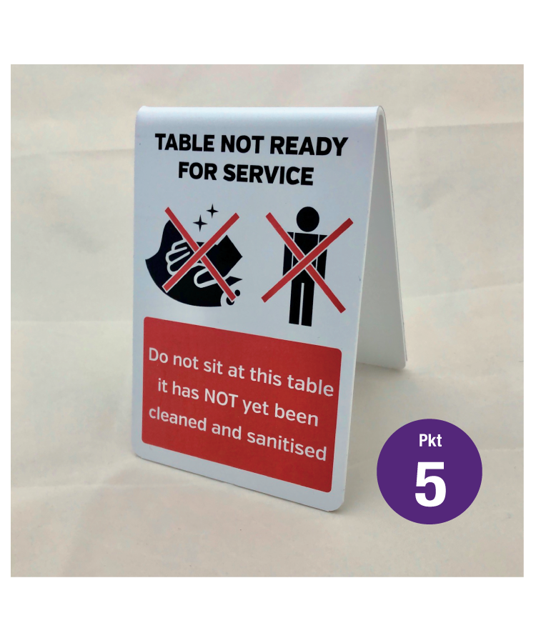 This table has NOT yet been sanitised / not ready for service tabletop hygiene tent notice. Pack of 5