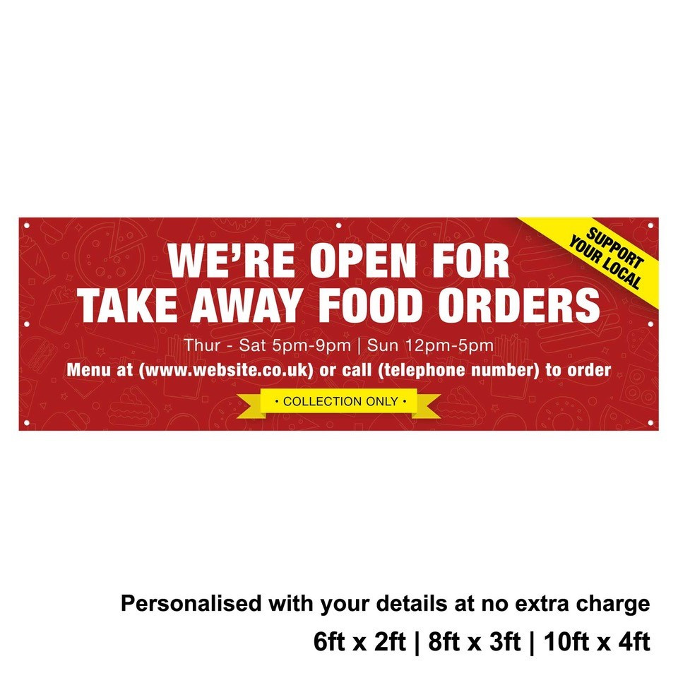 Were Open for Take Away food orders Personalised PVC Banner - Red