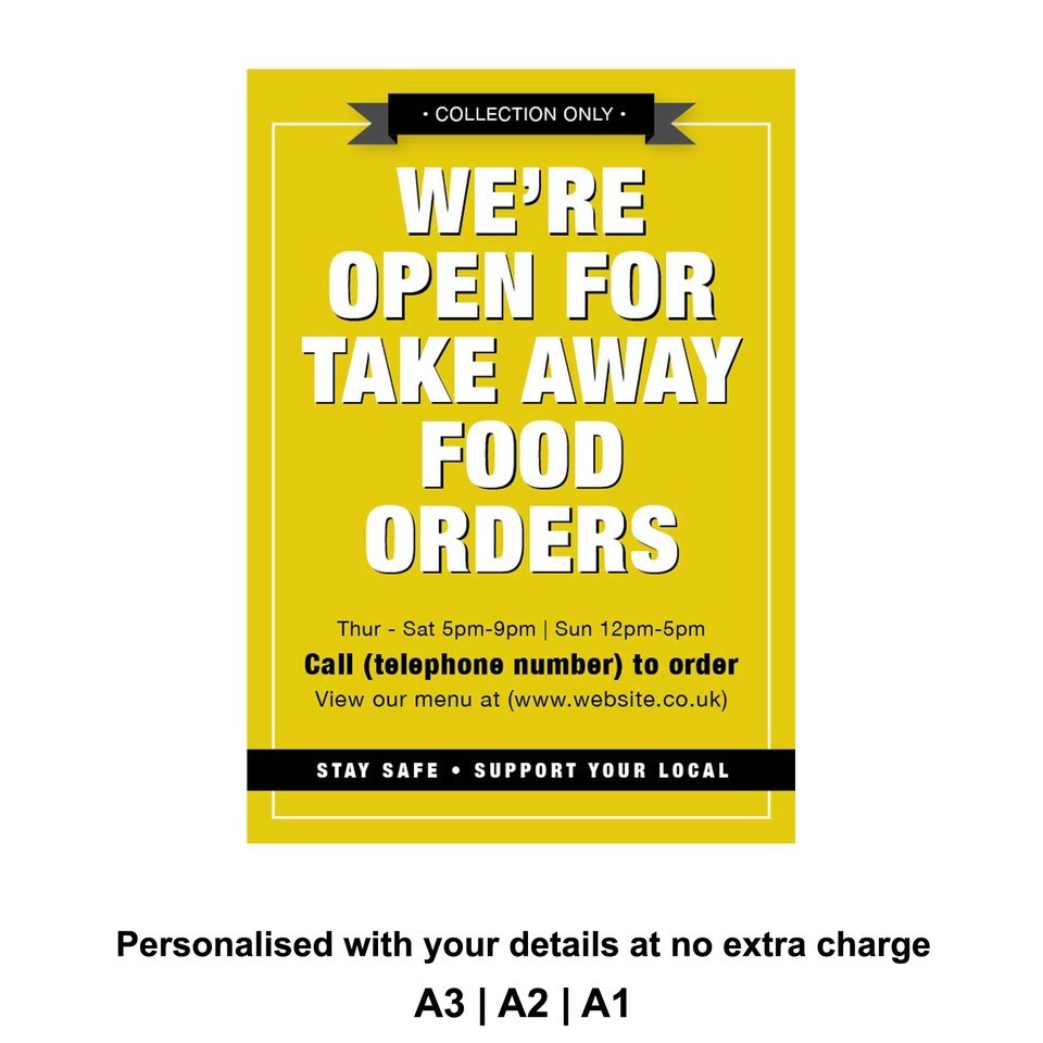 Were Open for Take Away food orders Personalised Anti-Tear Waterproof Poster