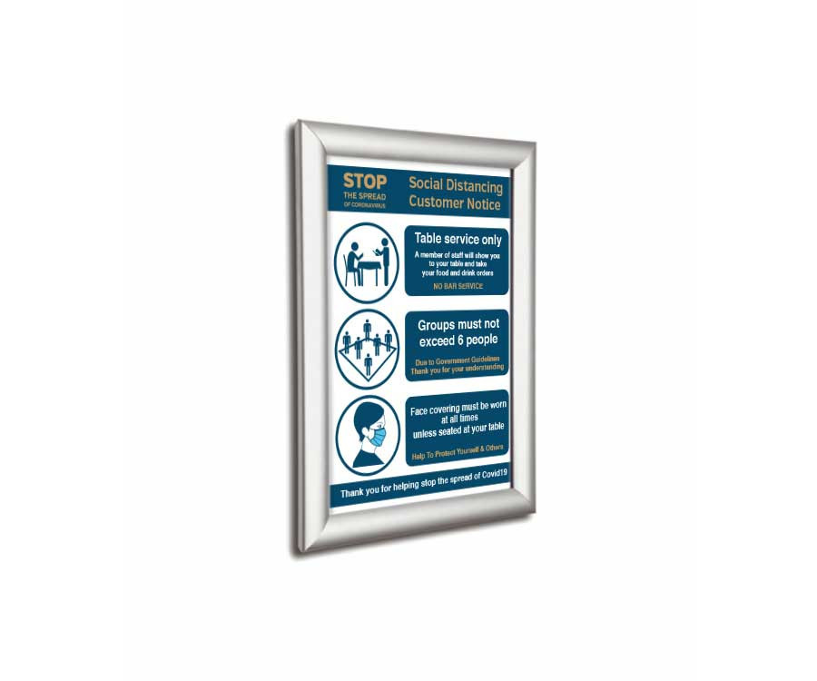 Framed wall mounted Social Distancing customer notice with 3 essential guidelines
