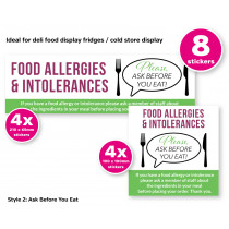 Ask before you Eat Allergy Awareness Sticker Pack contains 8 Self Adhesive Vinyl Stickers
