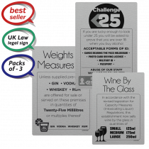Challenge 25, Weights & Measures, Wine by the Glass - Pub & Bar Notices - Packs of 3