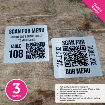 Classic Single Colour Brushed Silver Square QR Code Table Numbers - 3 Sizes Available
