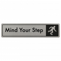 Mind The Step Door Sign - Black on Silver