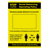 Social Distancing Operation Policy maxiumum people allowed in at any time sign