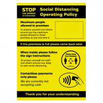 Social Distancing Operation Policy maxiumum people allowed / contactless payments only notice