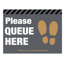 Please queue here with symbol distancing floor graphic