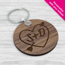 Cupid's Arrow Couples Initials Wooden Engraved Keyring - Walnut