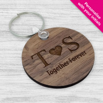 'Together Forever' Couples Initials Wooden Engraved Keyring - Walnut