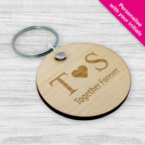'Together Forever' Couples Initials Wooden Engraved Keyring - Maple