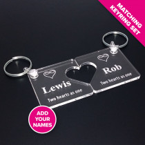 'Two Hearts As One' Personalised Engraved Couples Keyring Set - Clear Acrylic