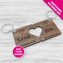 'Two Hearts As One' Personalised Engraved Wooden Couples Keyring Set - Walnut