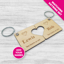'Two Hearts As One' Personalised Engraved Wooden Couples Keyring Set - Maple