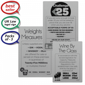 Challenge 25, Weights & Measures, Wine by the Glass - Pub & Bar Notices - Pack of 3