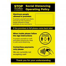 Social Distancing Operation Policy maxiumum people allowed / contactless payments only sign