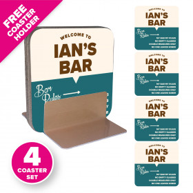 Personalised Coasters with Free Coaster Holder - Bar Rules - Style 2 - Teal & Brown 