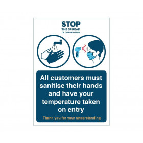 All customers must sanitise their hands and have their temperature taken on entry Sign