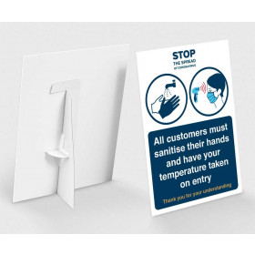 All customers must sanitise their hands and have their temperature taken on entry countertop freestanding sign