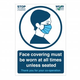 Face covering must be worn at all times unless seated 