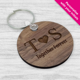 'Together Forever' Couples Initials Wooden Engraved Keyring - Walnut