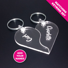 'Two Pieces One Heart' Personalised Engraved Keyring Set - Clear Acrylic