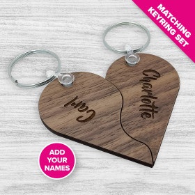 'Two Pieces One Heart' Personalised Engraved Wooden Keyring Set - Walnut