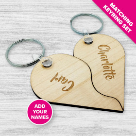 'Two Pieces One Heart' Personalised Engraved Wooden Keyring Set - Maple
