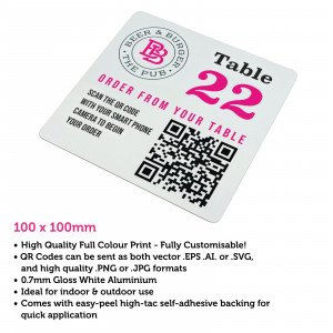 Premium Full Colour Square QR Code Table Number Plate - 100 x100mm