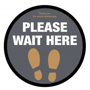 Please wait here with symbol social distancing circular floor sign