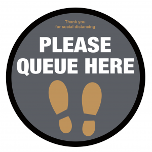 Please Queue here with symbol social distancing floor graphic