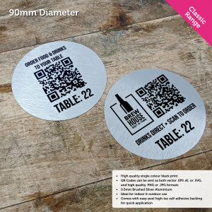 Classic Single Colour Brushed Silver QR Code Table Number Disc - 90mm Diameter